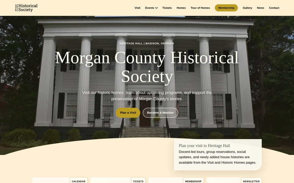 Morgan County Historical Society public demo homepage showing the museum introduction, navigation, and historical imagery.