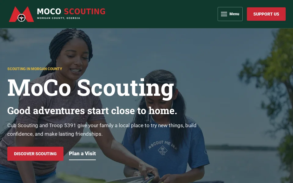 MoCo Scouting live homepage showing its Morgan County identity, family Scouting message, navigation, and outdoor imagery.