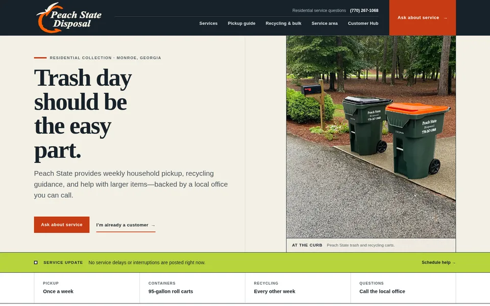 Peach State Disposal public preview homepage showing the company identity, residential service message, inquiry actions, and collection carts.