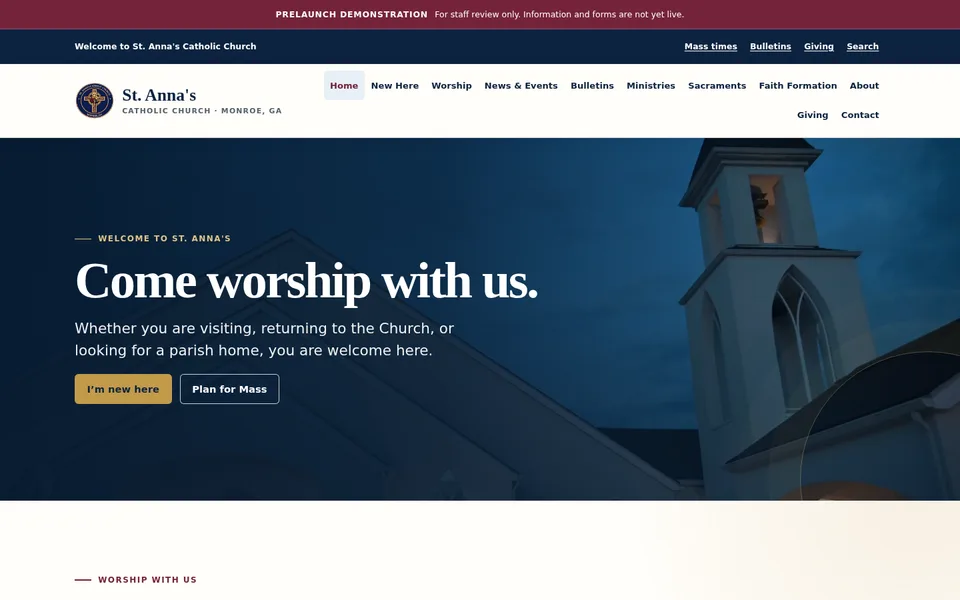 St. Anna's Catholic Church public preview homepage showing the parish identity, welcome message, visitor actions, and church exterior.