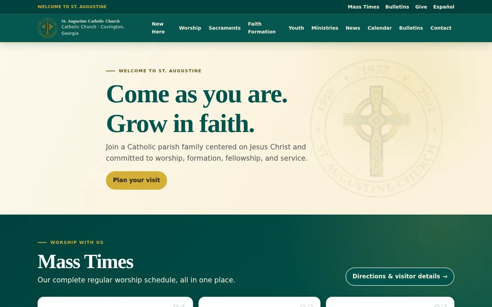 St. Augustine Catholic Church public preview homepage showing parish navigation, a welcome message, and Mass Times section.