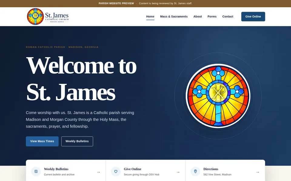 St. James Catholic Church public preview homepage showing the parish identity, welcome message, worship links, and stained-glass artwork.