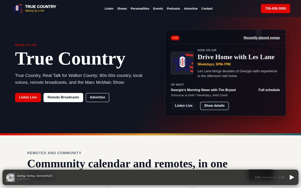 True Country WMOQ public demo homepage showing the station identity, navigation, and listener-focused content.